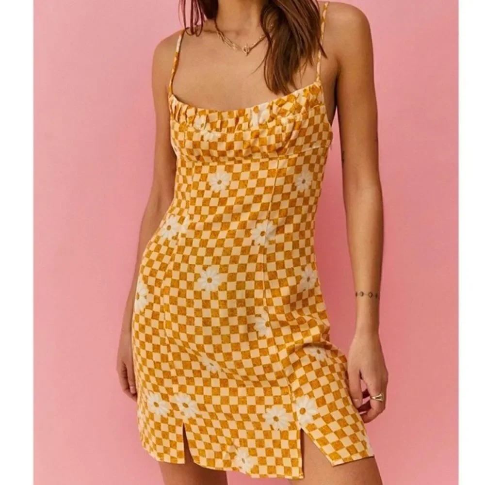 UO XS Lumi Daisy Gold Beige Check Print Spaghetti Strap Mini Bodycon Dress